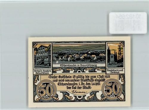 Eschershausen Notgeld Wilhelm Raabes Geburtshaus Raabeturm Raabedenkmal