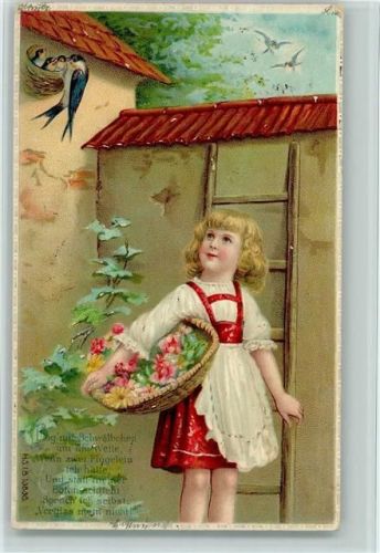 1908 Mädchen mit Blüten im Korb, beobachtet die Schwalben beim Füttern, Spruch AK