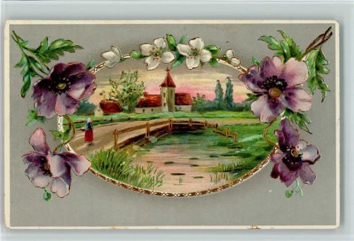 1913 Dorfidylle und Blumen AK