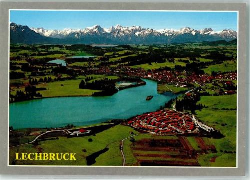 Lechbruck Fliegeraufnahme mit Tiroler und Allgäuer Hochgebirge Rückseite mit Abschürfungen bzw Kleberesten