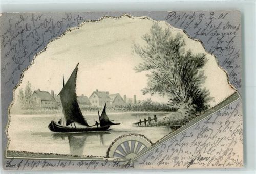 1901 AK mit Glimmerauflage Segelboot Lithographie