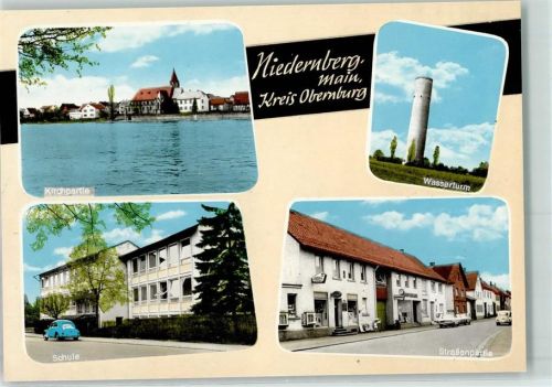 63843 W8751 Niedernberg , Unterfr Gebrauchsspuren Rückseite mit Abschürfungen und Kleberesten Kirchpartie Wasserturm Schule VW-Käfer