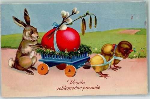 Küken ziehen Wagen mit Osterei Hase Ostergruß