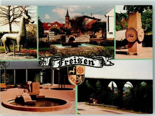 Freisen PFerdchen Brunnen mit Kirche Gedenkstein Rathaus Talbrücke Oberkirchen Rückseite mit Abschürfungen bzw Kleberesten