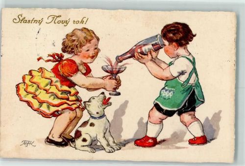Stasny Novy rok Neujahr Kind Hund Sekt AK Fischerova-Kvechova, M. 1932