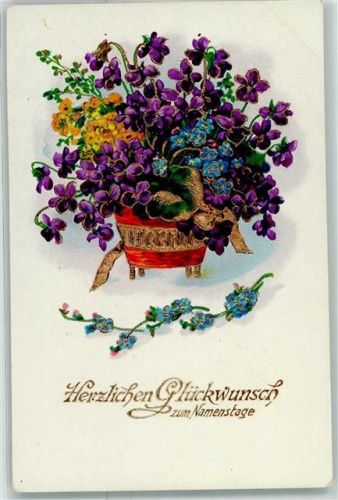 Nr. 5732 Namenstag Folienkarte / Lackkarte Blumenvase Gold Prägedruck Veilchen