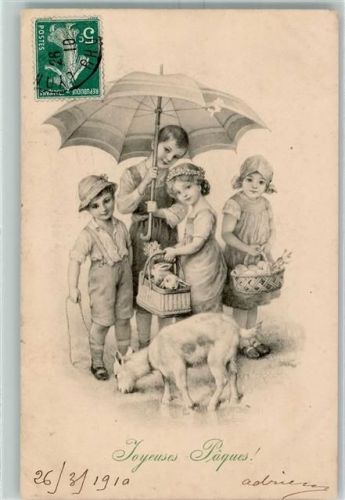 1910 Verlag Munk Nr. 434 Ostern Joyeuses Paques Kind Hase Regenschirm Schaf AK