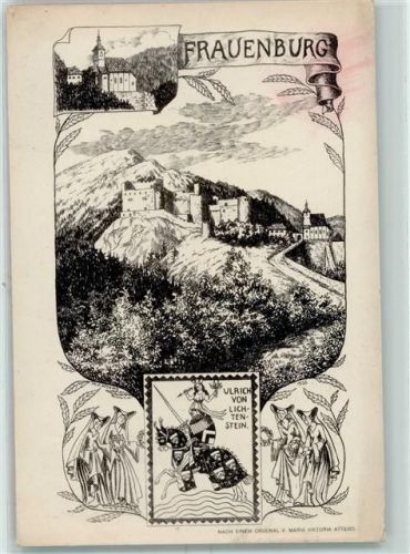 8800 Frauenburg Künstlerkarte Kirche Burg Ulrich v.Lichtenstein Ritter Burgfräulein Zeichnung n.Original v.Maria Viktoria Attems