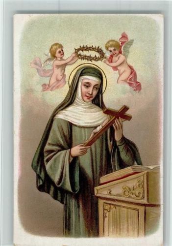 Nonne mit Heiligenschein und einem Kreuz in der Hand, Engel mit einem Dornenkranz AK