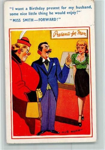 1958 Karikatur sign Wilkin - I want a Birthday present AK