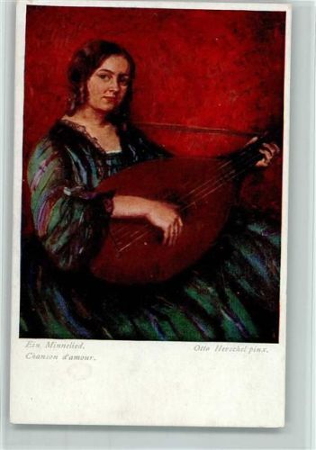 Frau mit einer Laute - Ein Minnelied - Gemälde von Herschel AK