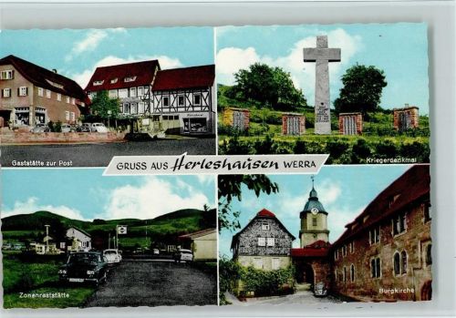 37293 W3443 Herleshausen - Gaststätte zur Post Kriegerdenkmal Zonenraststätte Burgkirche 4-Bildaufnahme