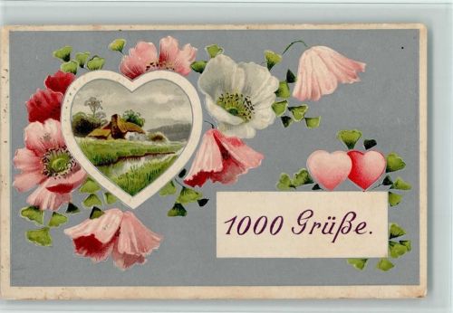 1000 Grüsse - Herz mit Bauernhaus, Blüten, AK
