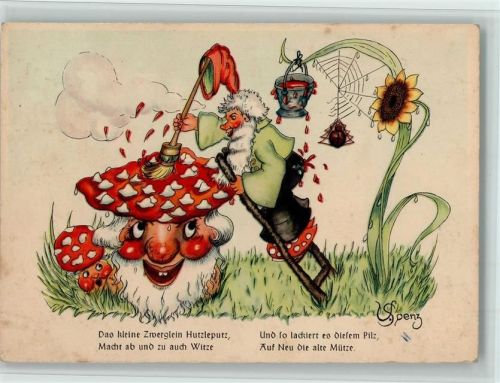 1942 vermenschlichte Pilze, Zwerg und Spinnenetz , sign Spenz