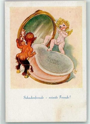 S 16 Engel und Teufel Puderdose sign. Graphik Pietsch Gillar Selbstverlag