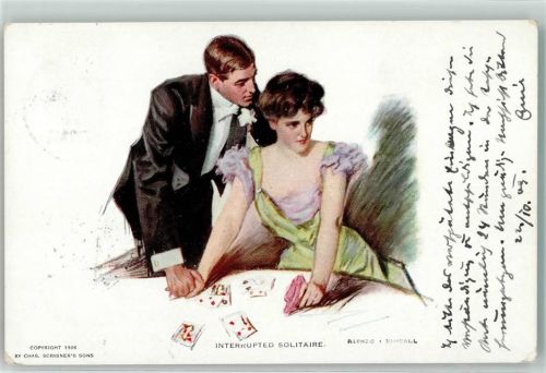 1906 Interrupted Solitaire sign. Alonzo Kimball Reinthal & Newman Frau und Mann in festlicher Gaderobe am Kartenspieltisch