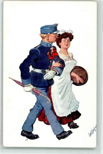 Österreichischer Soldat mit Schirm in der einen und Dienstmagd an der anderen Hand BKW I 761-6 Militär Karikatur WK I