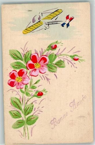 handgemalt Neujahr Blumen Glückwunsch Flugzeug 1917