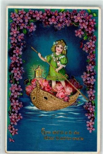 Kind im Ruderboot Veilchen Rosen Golddruck Litho Blütenbild
