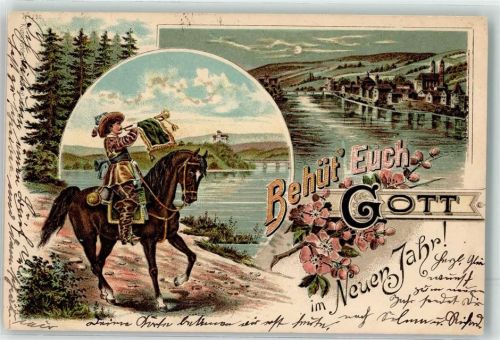 Elsterwerda 1900 Reiter mit Fanfare Kleiner Ort am Fluß im Mondschein Ort lt. Stempel