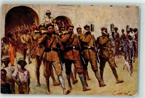 Soldaten Ausmarsch zum Felddienst Schwarzafrikaner sign.Grotemeyer Fritz Kolonial Krieger Spende