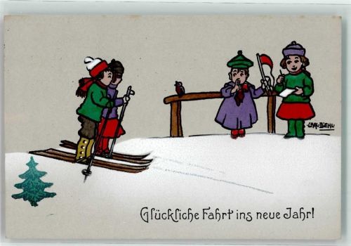 Neujahr Kinder auf Ski Diehl, C. 1912 Künstlerkarte