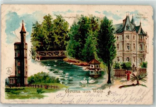 Wels 1910 Aussichtsturm Marienwarte Villa Haslinger Künstlerkarte Aquarell