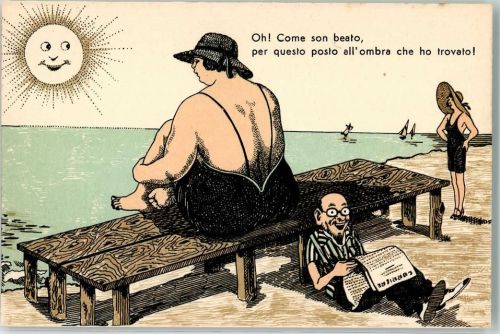 1925 Humor dicke 'Frau, Mann liegt im Schatten Bademode Oh, Come son beato, per questo posto all ombra che ho trovato