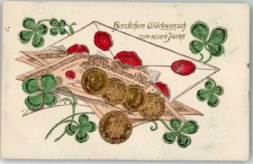 Neujahr Geldscheine und Münzen Kleeblätter Brief Geld auf AK 1914 Prägedruck