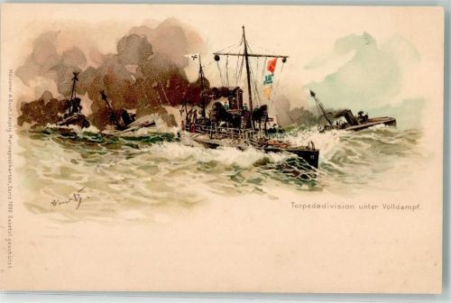 Torpedodivision unter Volldampf Meissner u. Buch Serie 1000 Bohrdt, H. 1900 Lithographie / Künstlerkarte