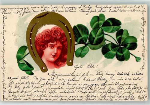 1902 Frau im Hufeisen Kleeblatt Neujahr
