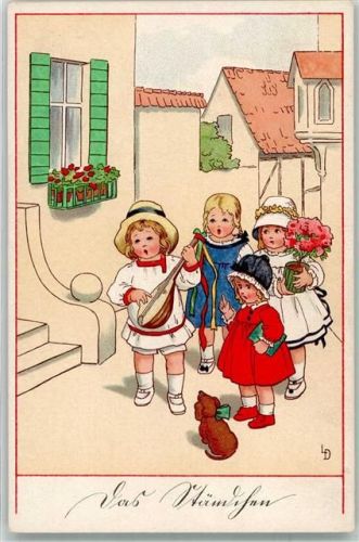 Kinder Gratulanten musizieren Ständchen mit Blumen an der Haustür , Dackel Meissner u. Buch Serie 2301