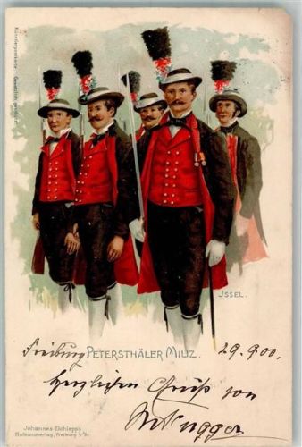 Bad Peterstal 1900 Tracht Petersthäler Miliz sign. Issel Bahnpost Frankfurt-Basel Zug 12 Lithographie