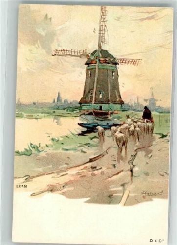 Edam Windmühle Schafhirte Cassiers, H. Lithographie / Künstlerkarte
