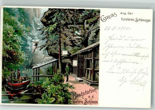 01855 O8361 Hinterhermsdorf 1900 Lithographie Bootsstation Hintere Schleuse
