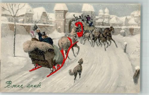 Bonne Anne Neujahr Schneeflocken Kutsche Verlag V.K. Vienne 5059