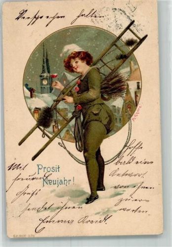 1899 Neujahr Frau als Schornsteinfeger sign. Kratky, R.