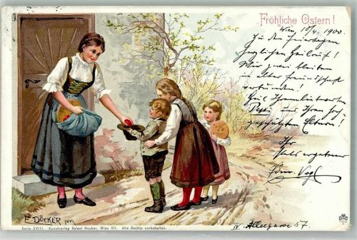 1900 Serie XVIII Ostern Kinbder bekommen bunte Eier geschenkt