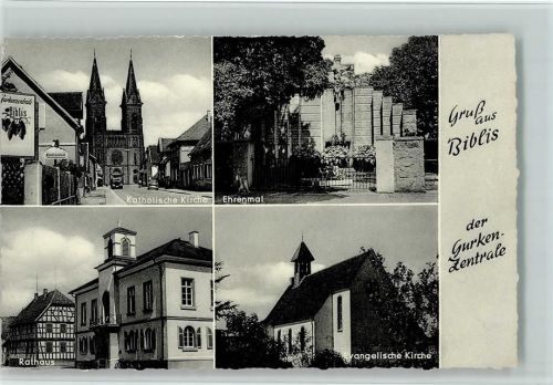 Biblis Kath. Kirche Ehrenmal Rathaus Fachwerkhaus Evangel. Kirche 4-Bildaufnahme