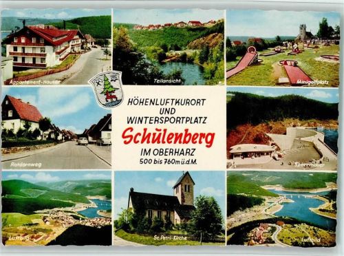 Schulenberg Appartement-Häuser Teilansicht Minigolfplatz Rotdornweg Sperrmauer Luftaufnahme St. Petri-Kirche Wappen