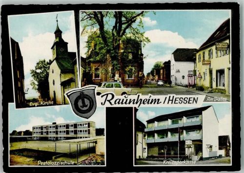 Raunheim Evangel. Kirche Am Dalles Pestalozzischule Kreissparkasse 4-Bildaufnahme Wappen