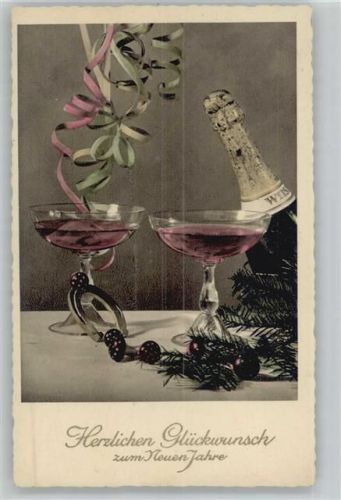 1938 Neujahr - Sektflasche Sektgläser, Hufeisen, Deko-Pilze
