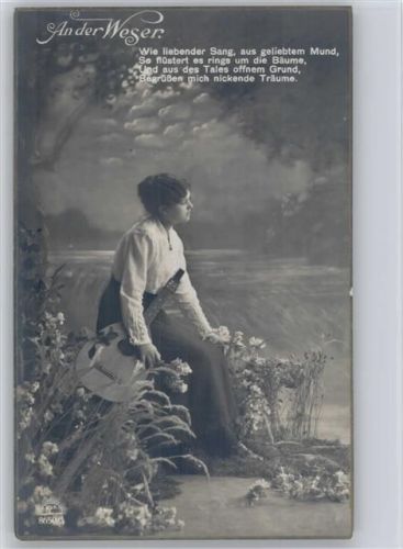 An der Weser - Gedicht - Lautenspielerin Foto 1917 AK