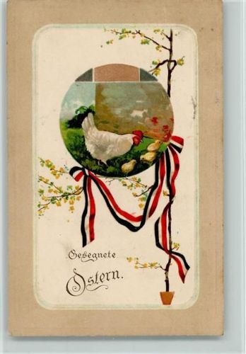 Ostern - schwarz-weiss-rot - Hihn mit seinen Küken