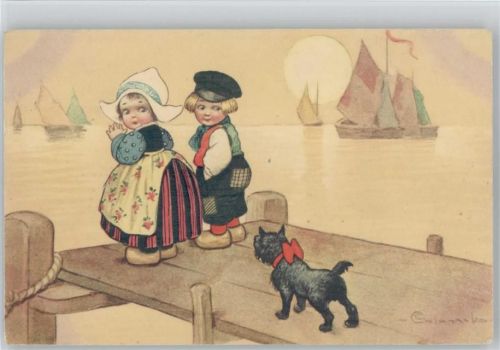1931 Holland Kinder mit Holzschuhen am Holzsteg, ein Hund schaut zu - Kinderpoesie