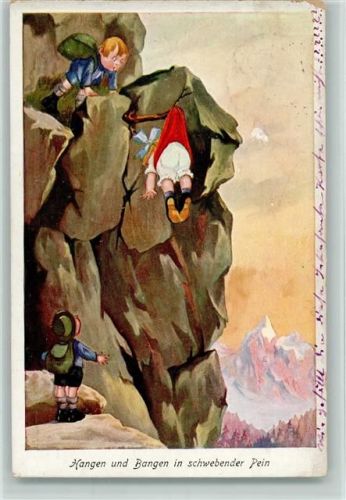 Kinder als Bergsteiger - Mädchen hängt am Ast fest 1924 AK