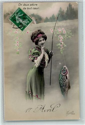Fotomontage 1. April - Schöne Frau mit einem Fisch an der Angel - Jugendstil Mode