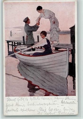 1916 Kriegspostkarten Nr. 12 Heimaturlaub - Soldatenleben - Zwei Damen ein Soldat bereit zur Ruderpartie