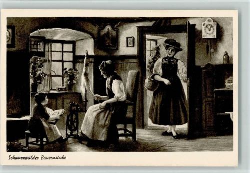 Bauernstube - Bilderbuch lesen , spinnen am Spinnrad, Pendeluhr