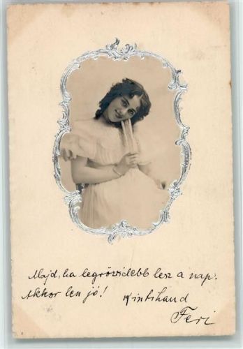 Frauenkopf als Foto mit Fächer im Barock Silberrahmen ca 1902 AK